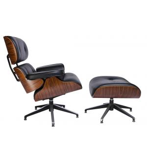 Fotel LOUNGE czarny z podnóżkiem - skóra naturalna, sklejka różana