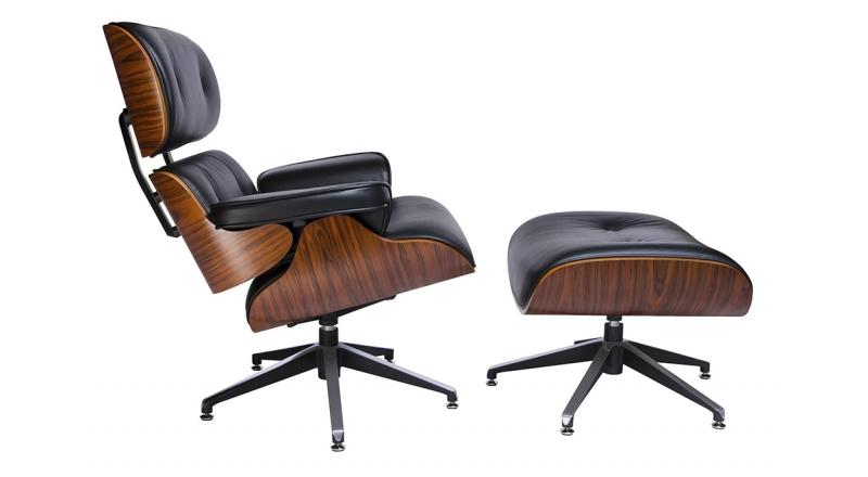 Fotel LOUNGE czarny z podnóżkiem - skóra naturalna, sklejka różana