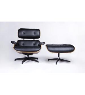 Fotel LOUNGE HM PREMIUM SZEROKI z podnóżkiem czarny - sklejka orzech, skóra naturalna