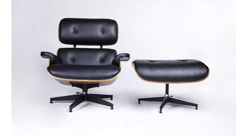 Fotel LOUNGE HM PREMIUM SZEROKI z podnóżkiem czarny - sklejka orzech, skóra naturalna