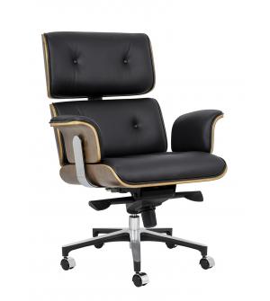 Fotel biurowy LOUNGE BUSINESS czarny - sklejka orzech, skóra naturalna, stal polerowana