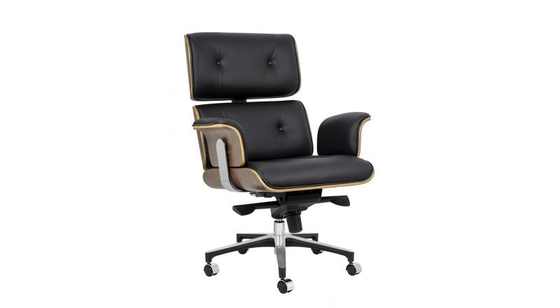 Fotel biurowy LOUNGE BUSINESS czarny - sklejka orzech, skóra naturalna, stal polerowana