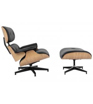 Fotel LOUNGE HM PREMIUM SZEROKI z podnóżkiem czarny - sklejka jesion, skóra naturalna