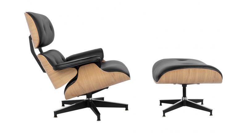 Fotel LOUNGE HM PREMIUM SZEROKI z podnóżkiem czarny - sklejka jesion, skóra naturalna