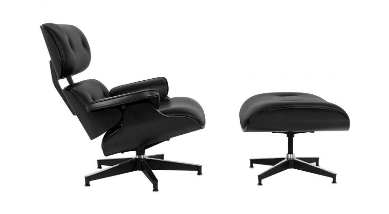 Fotel LOUNGE HM PREMIUM SZEROKI z podnóżkiem czarny - czarny jesion, skóra naturalna