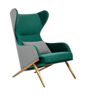 Fotel HAMPTON VELVET ciemny zielony tkanina pepitka biało - czarna