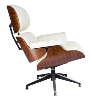 Fotel LOUNGE biały, sklejka różana - skóra naturalna