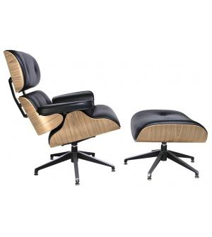 Fotel LOUNGE czarny z podnóżkiem - skóra naturalna, sklejka jesion