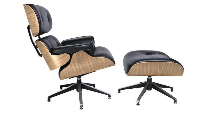 Fotel LOUNGE czarny z podnóżkiem - skóra naturalna, sklejka jesion