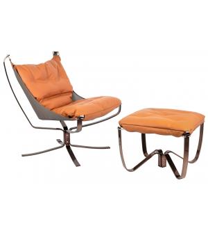 Fotel ARNI LOW z podnóżkiem - pomarańczowa ekoskóra, podstawa ciemna miedziana