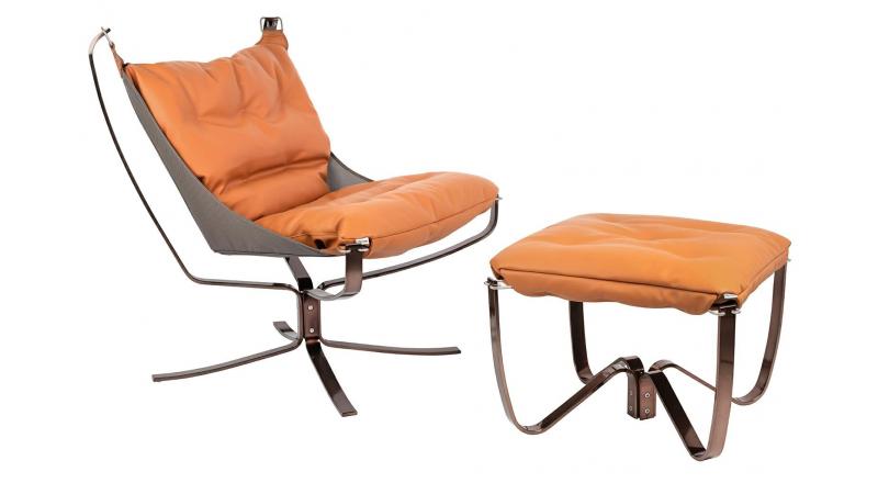 Fotel ARNI LOW z podnóżkiem - pomarańczowa ekoskóra, podstawa ciemna miedziana