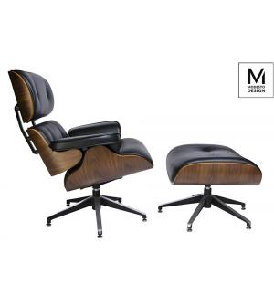 MODESTO fotel LOUNGE z podnóżkiem czarny - sklejka orzech, skóra ekologiczna