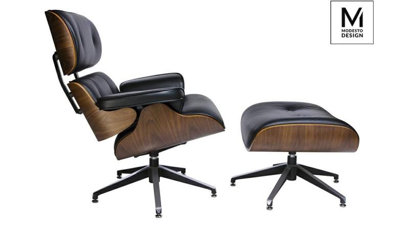 MODESTO fotel LOUNGE z podnóżkiem czarny - sklejka orzech, skóra ekologiczna