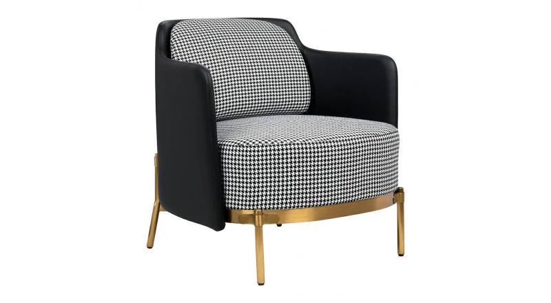 Fotel VENICE tkanina pepitka biało - czarna ekoskóra czarna - złota podstawa