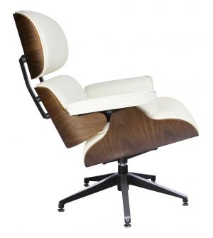 Fotel LOUNGE biały, sklejka orzech - skóra naturalna