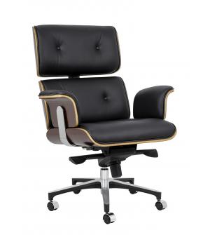 Fotel biurowy LOUNGE BUSINESS czarny - sklejka różana, skóra naturalna, stal polerowana
