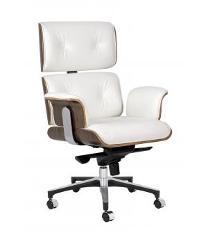Fotel biurowy LOUNGE BUSINESS biały - sklejka orzech,włoska skóra naturalna, stal polerowana