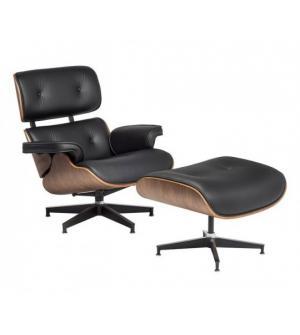 FOTEL Z PODNÓŻKIEM TOKYO CZARNA SKÓRA/JASNY ORZECH