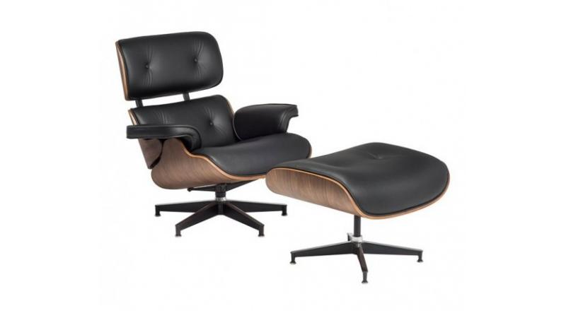 FOTEL Z PODNÓŻKIEM TOKYO CZARNA SKÓRA/JASNY ORZECH