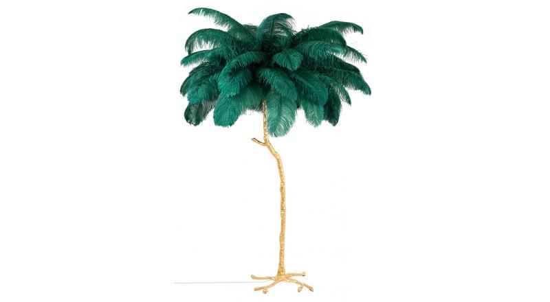 Lampa podłogowa TIFFANY 175 zielona mosiądz / naturalne pióra