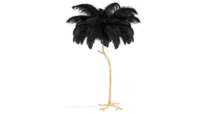 Lampa podłogowa TIFFANY 175 czarna mosiądz / naturalne pióra